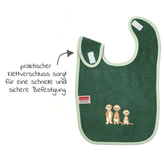 Wörner Giant velcro bib 30 x 45 cm - embroidery meerkat - pine green