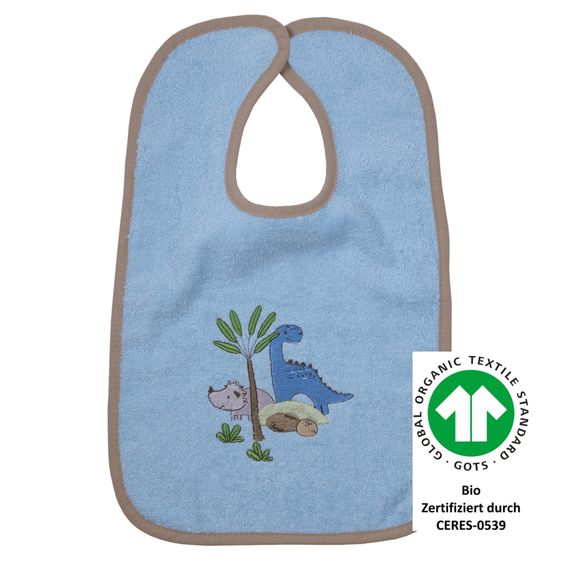 Wörner Riesen-Klettlätzchen aus Bio-Baumwolle 30 x 45 cm - Stickerei Dino - Hellblau