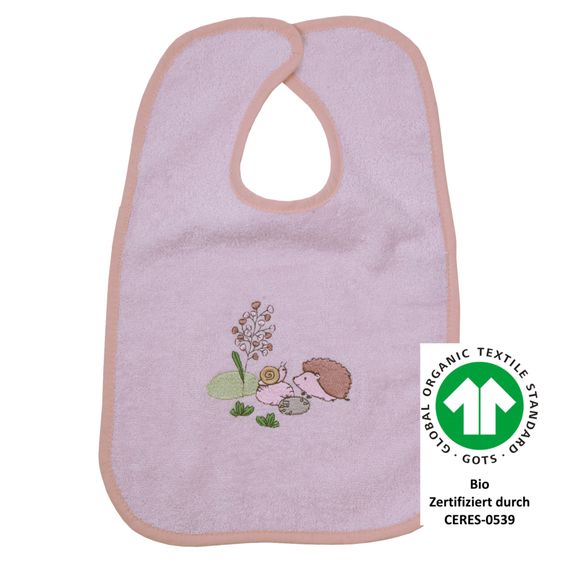 Wörner Riesen-Klettlätzchen aus Bio-Baumwolle 30 x 45 cm - Stickerei Igel / Schnecke - Rosa