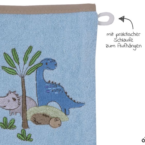 Wörner Waschhandschuh aus Bio-Baumwolle - Stickerei Dino - Hellblau
