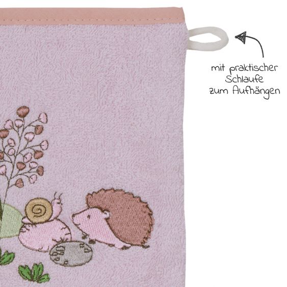 Wörner Waschhandschuh aus Bio-Baumwolle - Stickerei Igel / Schnecke - Rosa