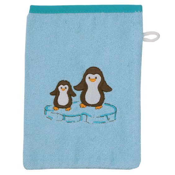 Wörner Waschhandschuh - Stickerei Pinguine - Eisblau