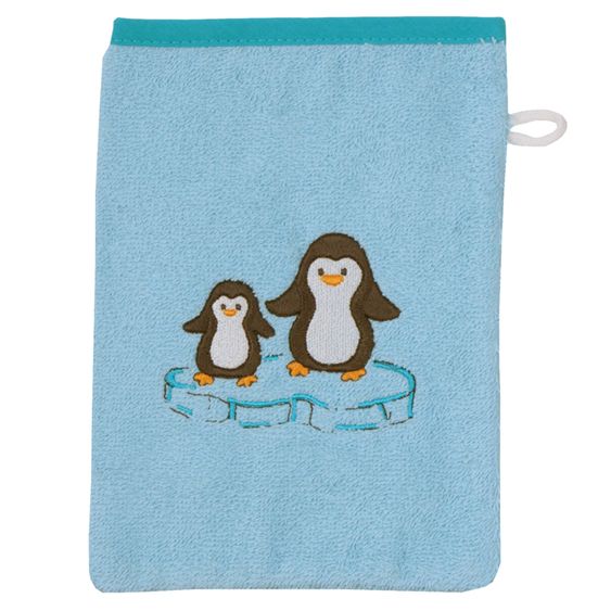 Wörner Waschhandschuh - Stickerei Pinguine - Eisblau