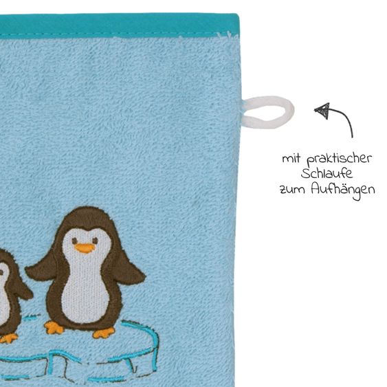 Wörner Waschhandschuh - Stickerei Pinguine - Eisblau