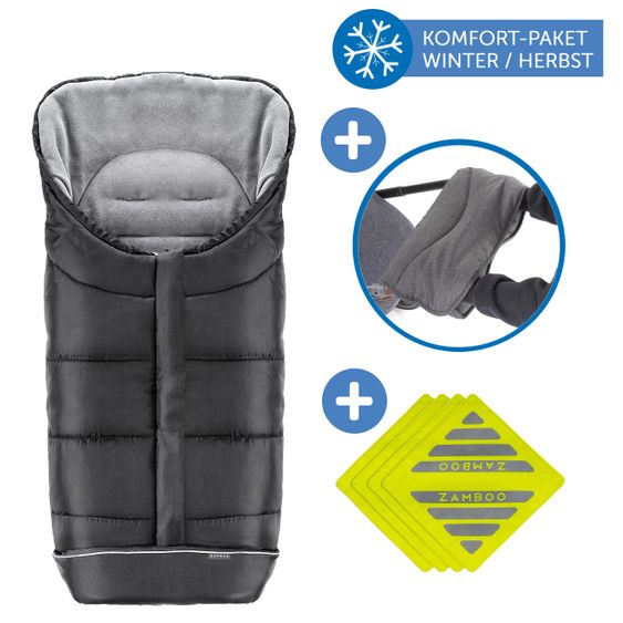 Zamboo 3-tlg. Winter-Set für Kinderwagen mit Thermo Fußsack, Handmuff & Reflektoren - Schwarz Grau