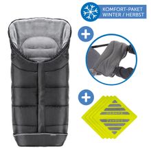3-tlg. Winter-Set für Kinderwagen mit Thermo Fußsack, Handmuff & Reflektoren - Schwarz Grau
