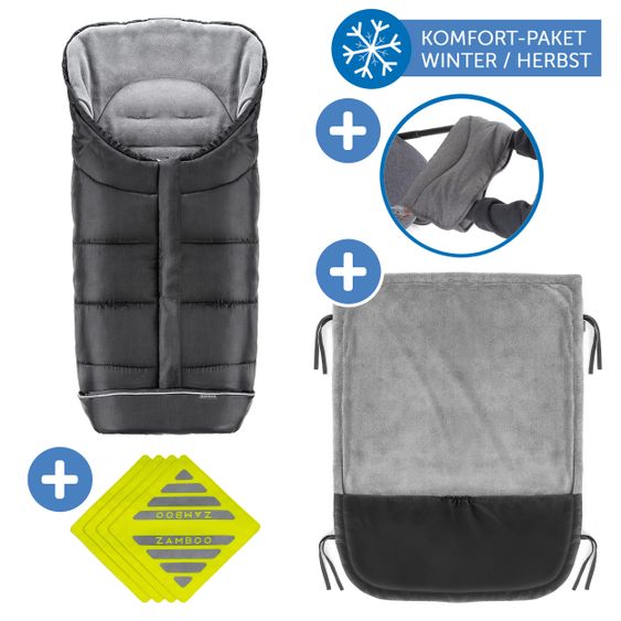 Zamboo 4-tlg. Winter-Set für Kinderwagen mit Thermo Fußsack, Fleece-Beindecke, Handmuff & Reflektoren - Schwarz Grau