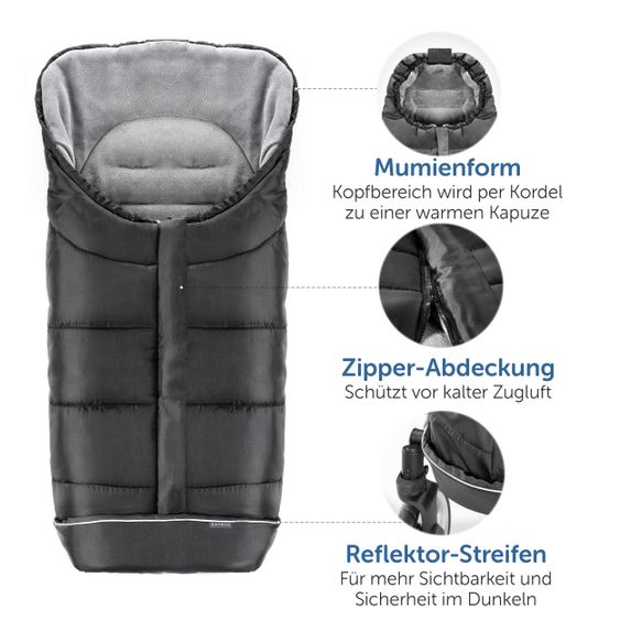 Zamboo 4-tlg. Winter-Set für Kinderwagen mit Thermo Fußsack, Fleece-Beindecke, Handmuff & Reflektoren - Schwarz Grau