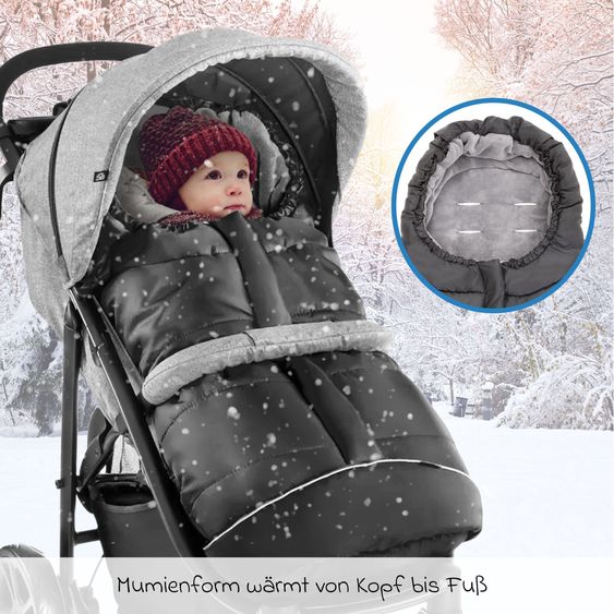 Zamboo 4-tlg. Winter-Set für Kinderwagen mit Thermo Fußsack, Fleece-Beindecke, Handmuff & Reflektoren - Schwarz Grau