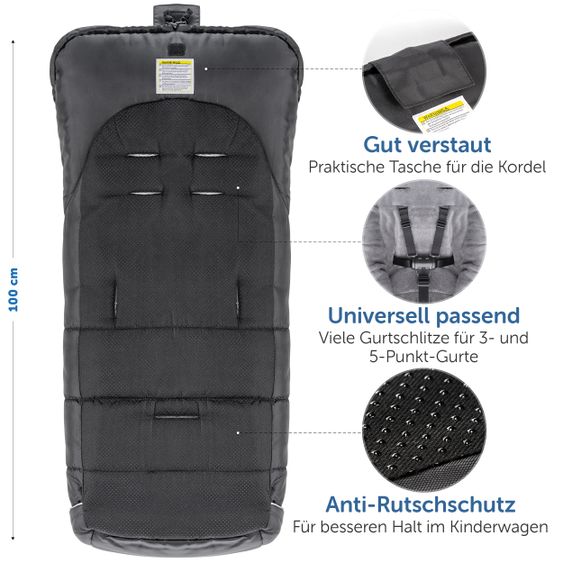 Zamboo 4-tlg. Winter-Set für Kinderwagen mit Thermo Fußsack, Fleece-Beindecke, Handmuff & Reflektoren - Schwarz Grau