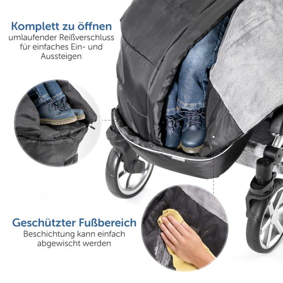 Zamboo 4-tlg. Winter-Set für Kinderwagen mit Thermo Fußsack, Fleece-Beindecke, Handmuff & Reflektoren - Schwarz Grau