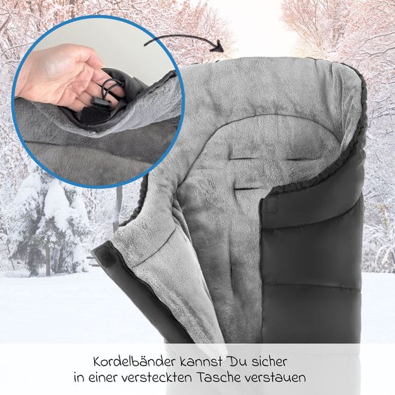 Zamboo 4-tlg. Winter-Set für Kinderwagen mit Thermo Fußsack, Fleece-Beindecke, Handmuff & Reflektoren - Schwarz Grau