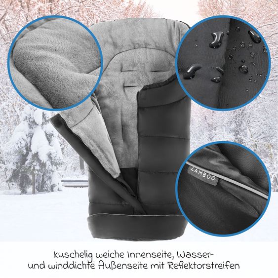 Zamboo 4-tlg. Winter-Set für Kinderwagen mit Thermo Fußsack, Fleece-Beindecke, Handmuff & Reflektoren - Schwarz Grau