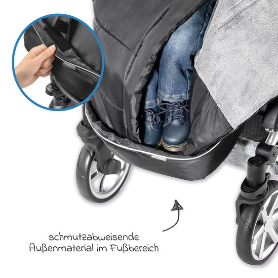 Zamboo 4-tlg. Winter-Set für Kinderwagen mit Thermo Fußsack, Fleece-Beindecke, Handmuff & Reflektoren - Schwarz Grau