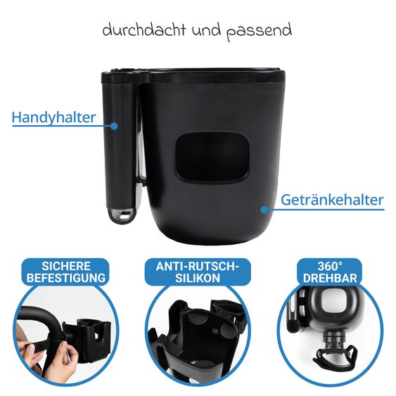 Zamboo Getränkehalter mit Smatphone-Halterung für Buggy und Kinderwagen