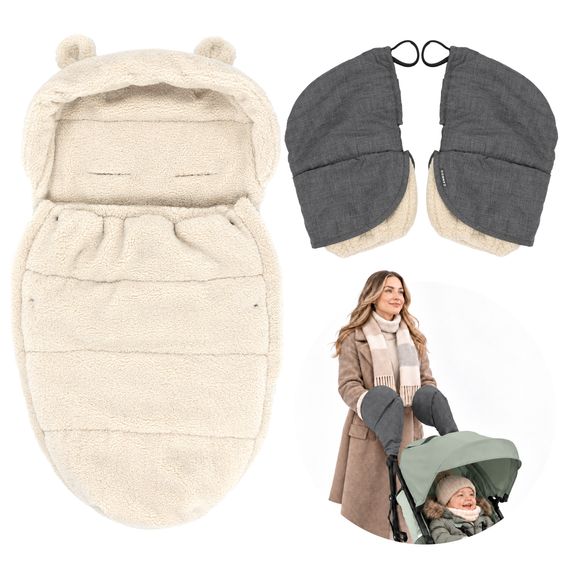 Zamboo Kinderwagen-Zubehör-Set - Fußsack & Handwärmer für Kinderwagen mit 2 Griffen - Teddy - Beige / Melange Grau