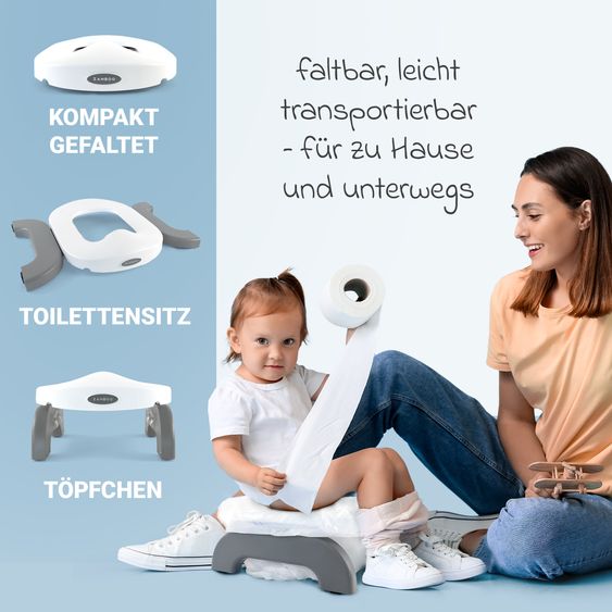 Zamboo Vasino da viaggio / sedile WC pieghevole con borsa per riporlo - bianco grigio