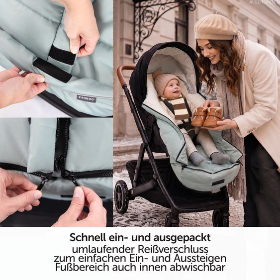 Zamboo Universal Thermo Fußsack Multifunktion Comfort für Kinderwagen und Buggy - Grün Beige