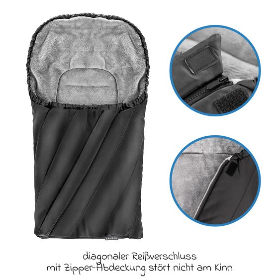 Zamboo Winter Footmuff Deluxe per seggiolino auto (Maxi-Cosi, Römer, ABC Design, Cybex e molti altri) - Nero Grigio